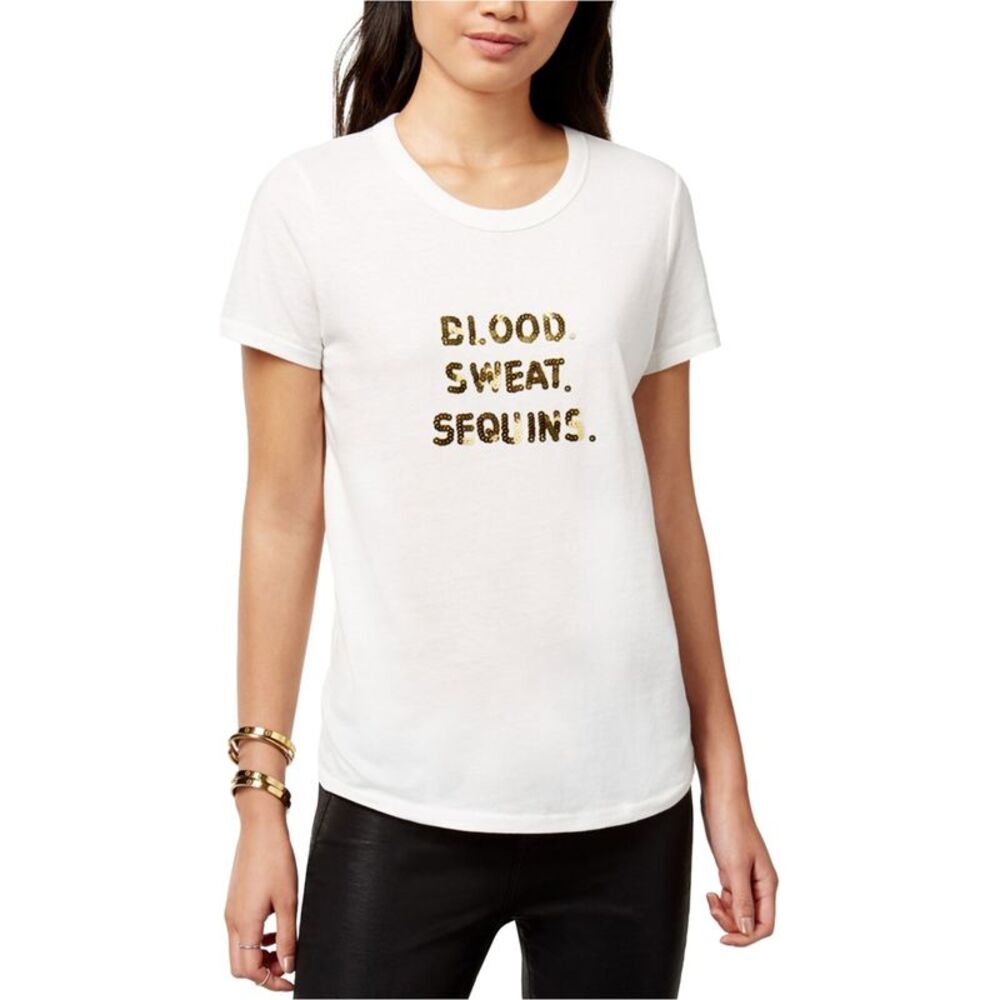 Bow & Drape Womens Sequin Graphic T-Shirt, White, M, DM
